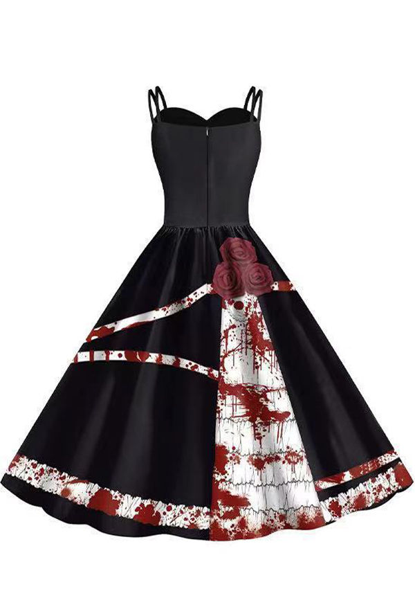 Halloween Gothic Red Suspender Dress Dark Horror Style Printed Dress