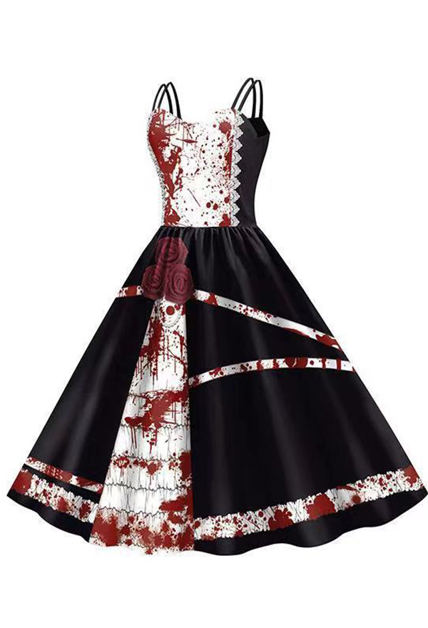 Halloween Gothic Red Suspender Dress Dark Horror Style Printed Dress