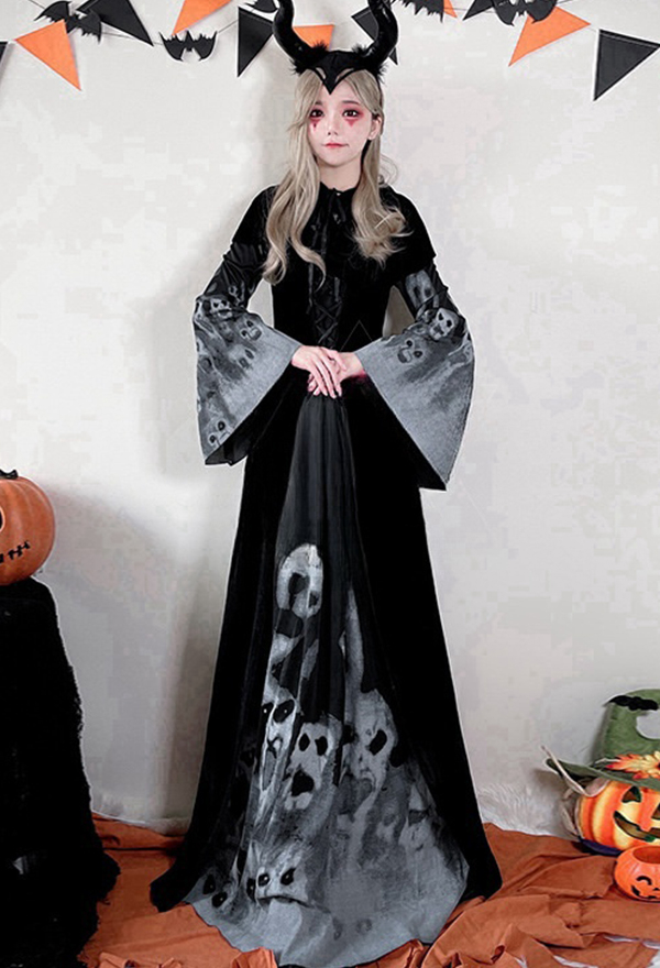 Halloween Black Ghost Bride Witch Dress Skeleton Print Dress with Hooded Shawl