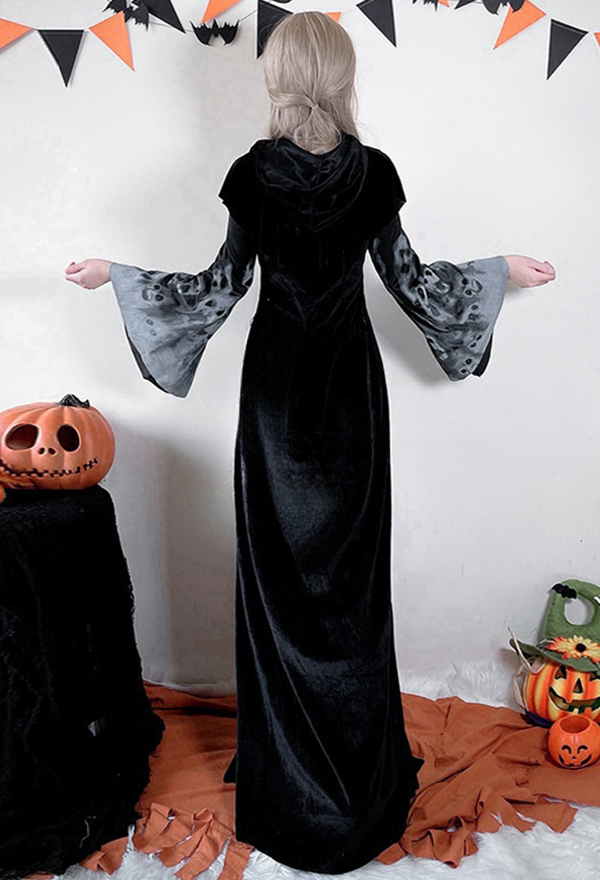 Halloween Black Ghost Bride Witch Dress Skeleton Print Dress with Hooded Shawl