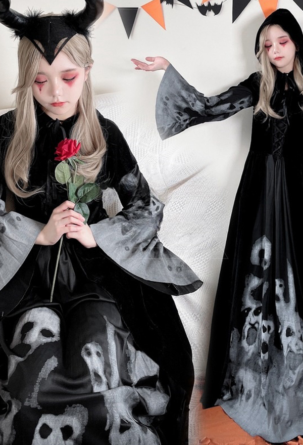 Halloween Black Ghost Bride Witch Dress Skeleton Print Dress with Hooded Shawl