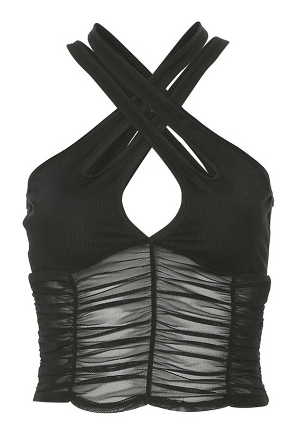 Gothic Black Mesh Top Low Cutout Halter Tank Top