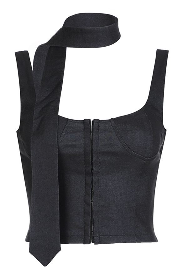 Gothic Black Slim Cami Top Low Cut Invisible Buckle Top with Tie