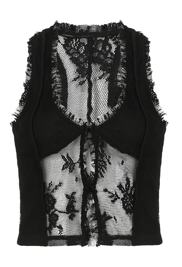 Gothic Black Halter Top See-through Lace U Neck Tassel Halter Vest