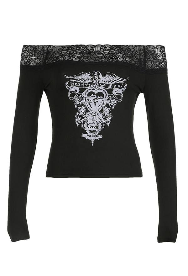 Gothic Black Long Sleeve Printed Top Dark Vintage Lace Patchwork Off Shoulder Top