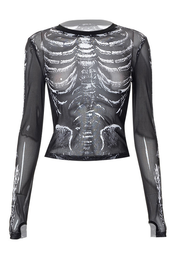 Gothic Black Round Neck Mesh Top Dark Skull Printed See-Through Top