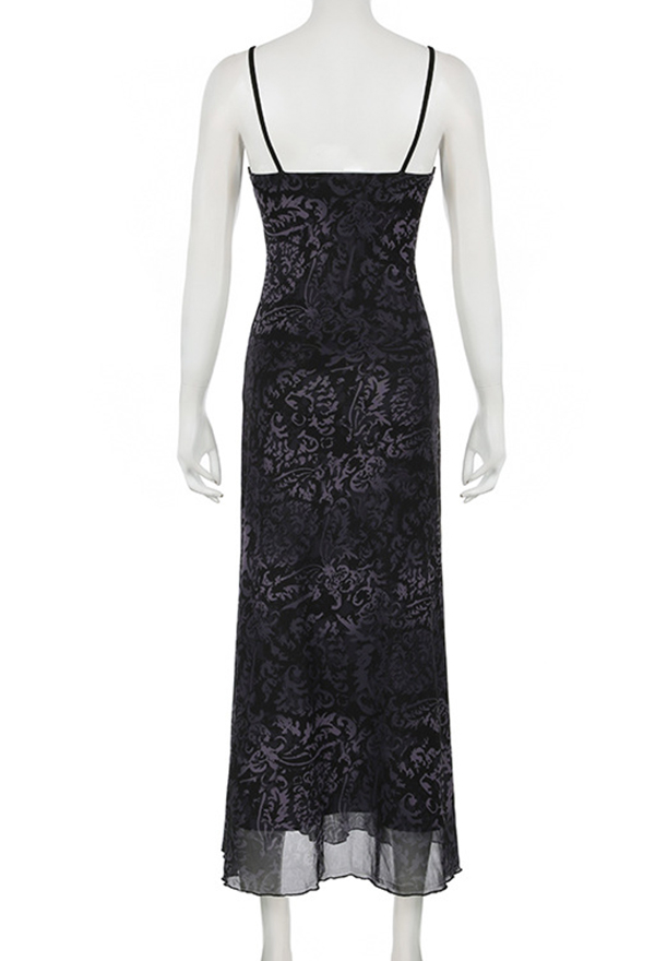 Gothic Black Printed Halter Dress Dark Style Vintage Floral Slim Dress