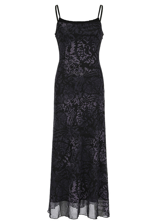 Gothic Black Printed Halter Dress Dark Style Vintage Floral Slim Dress