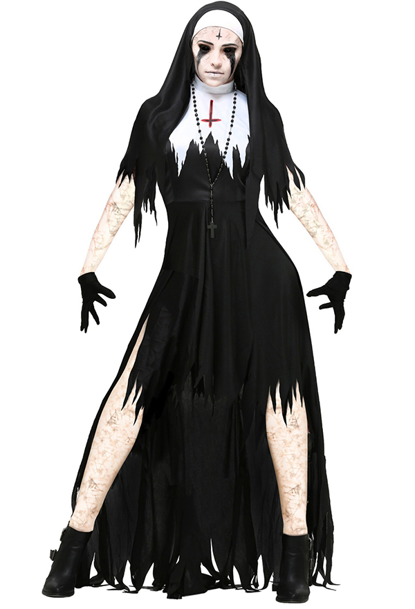 Halloween Black Zombie Nun Style Dress Irregular Hem Dress with Hat Gloves Costume