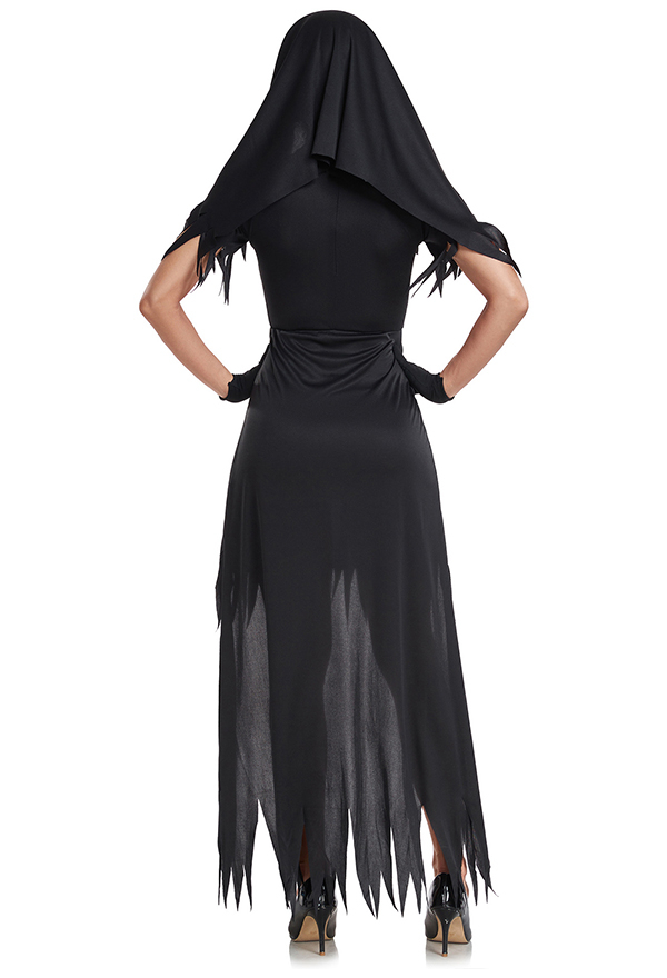 Halloween Black Zombie Nun Style Dress Irregular Hem Dress with Hat Gloves Costume