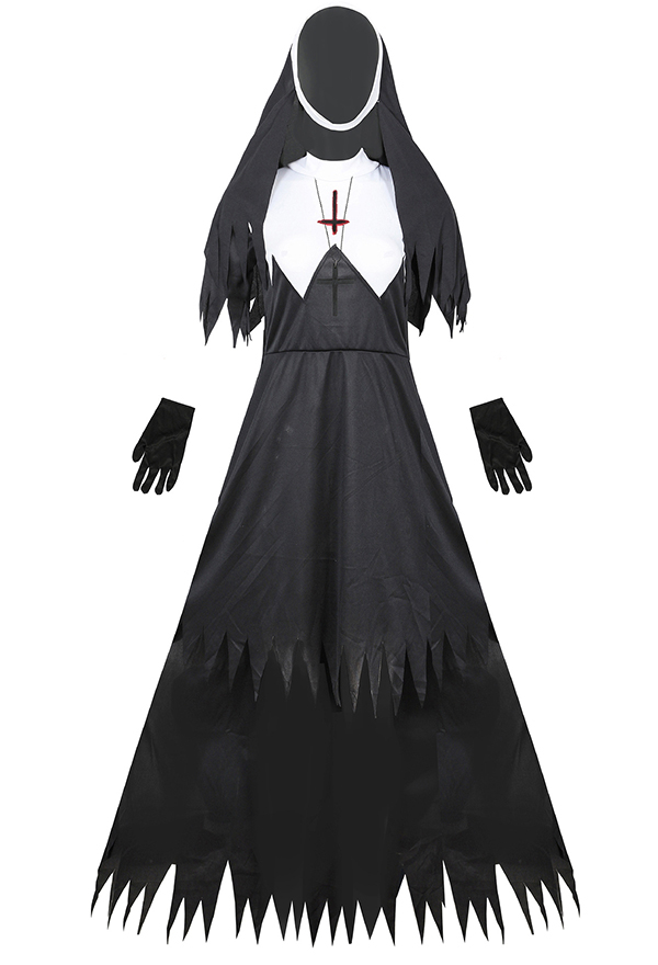 Halloween Black Zombie Nun Style Dress Irregular Hem Dress with Hat Gloves Costume