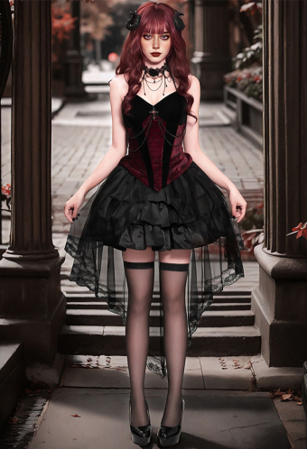 Halloween Gothic Court Style Costume Black Irregular Lace Skirt with Dark Red Cross Top and Necklace