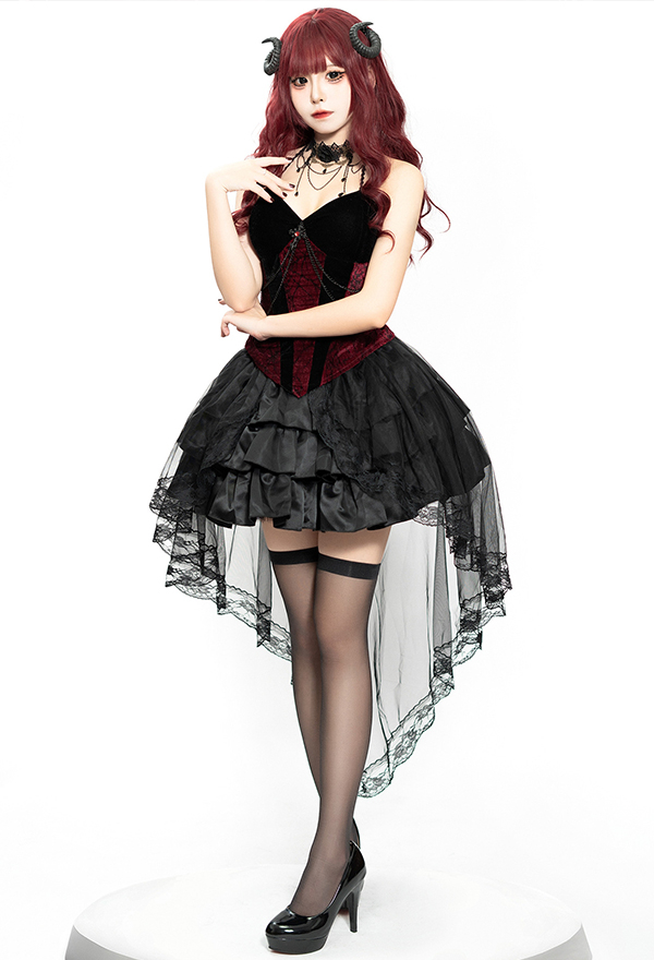 Halloween Gothic Court Style Costume Black Irregular Lace Skirt with Dark Red Cross Top and Necklace