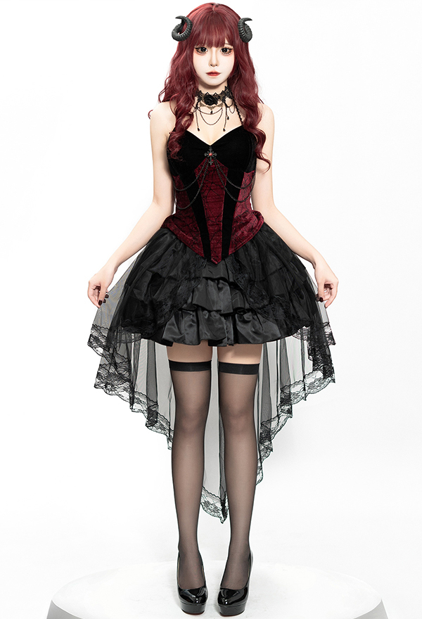 Halloween Gothic Court Style Costume Black Irregular Lace Skirt with Dark Red Cross Top and Necklace