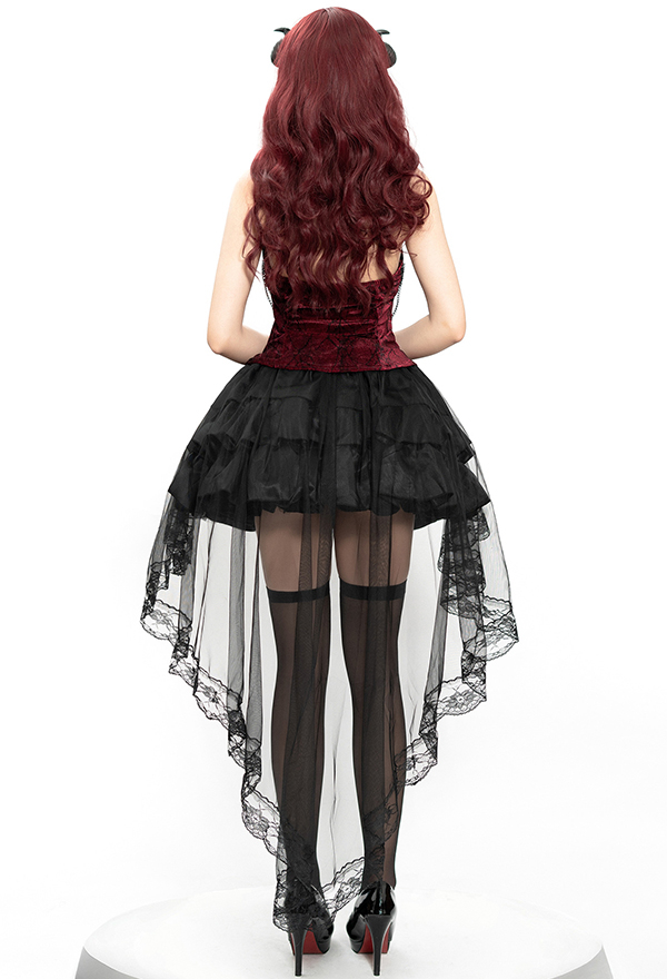 Halloween Gothic Court Style Costume Black Irregular Lace Skirt with Dark Red Cross Top and Necklace