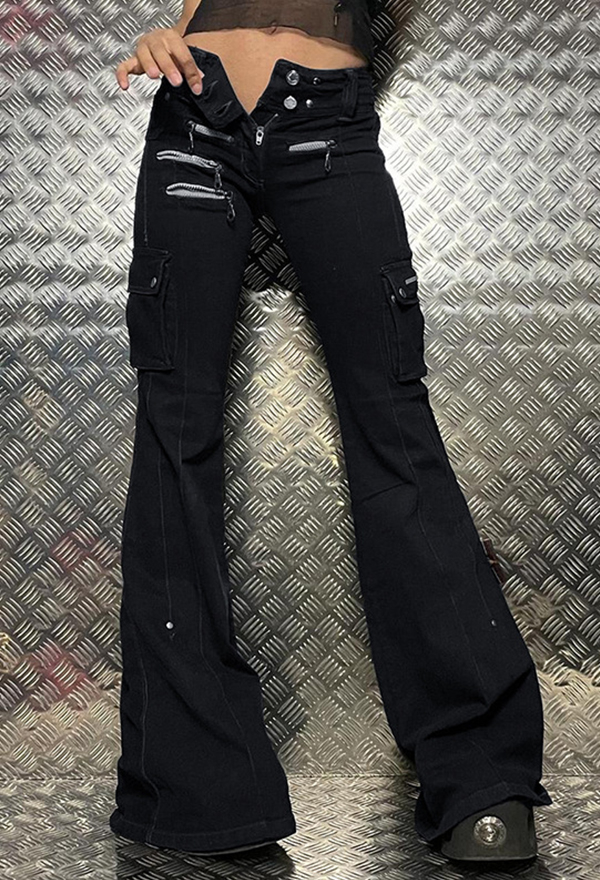 Gothic Black Low Waist Jeans Dark Punk Style Slim Pants Jeans