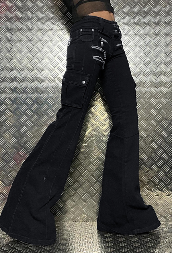 Gothic Black Low Waist Jeans Dark Punk Style Slim Pants Jeans