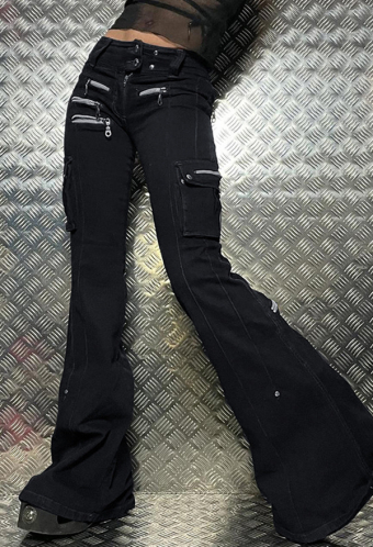 Gothic Black Low Waist Jeans Dark Punk Style Slim Pants Jeans