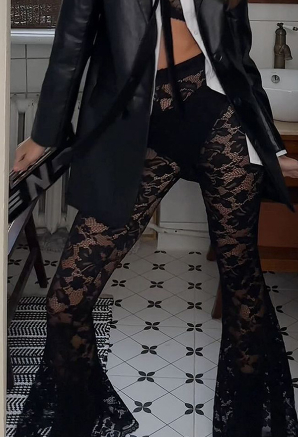 Gothic Black Lace Pants See-Through High-Waisted Flared Pants