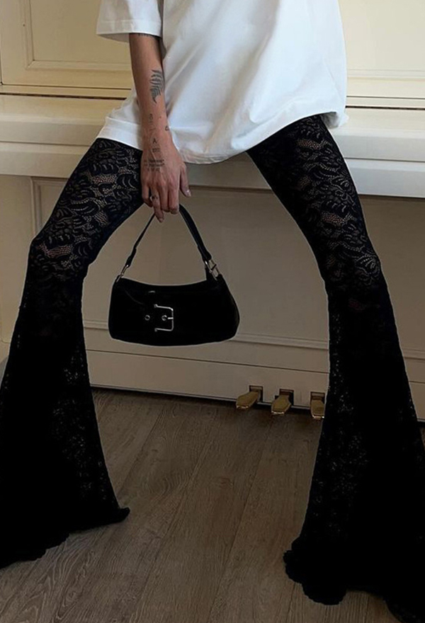 Gothic Black Lace Pants See-Through High-Waisted Flared Pants