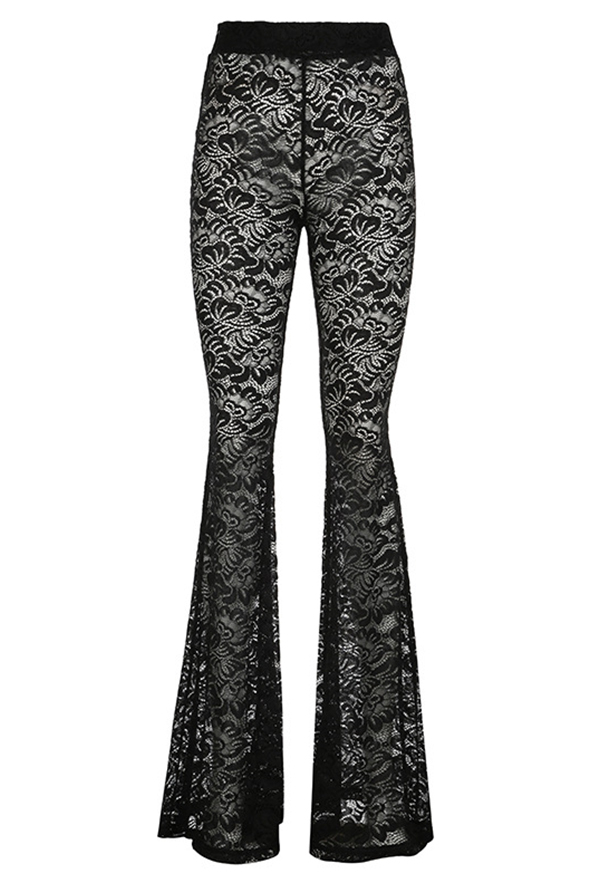 Gothic Black Lace Pants See-Through High-Waisted Flared Pants