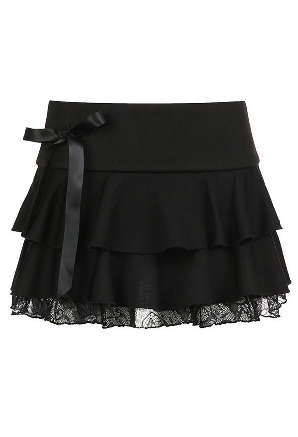 Gothic Black Lace Trim Skirt Bowknot Multi Layered Cake Skirt