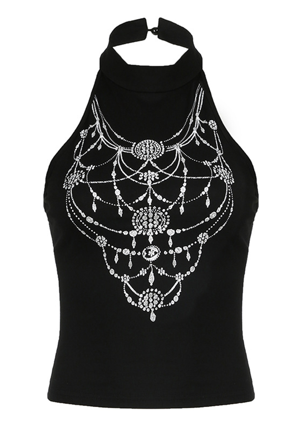 Gothic Black Chain Printed Halter Top Dark Half High Neck Sleeveless Tank Top