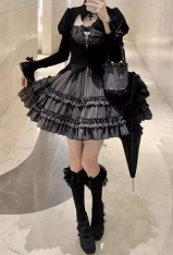 Gothic Black Striped Ruffle Lolita Dress Set Y2K Dark Style Puff Skirt with Long Sleeve Top