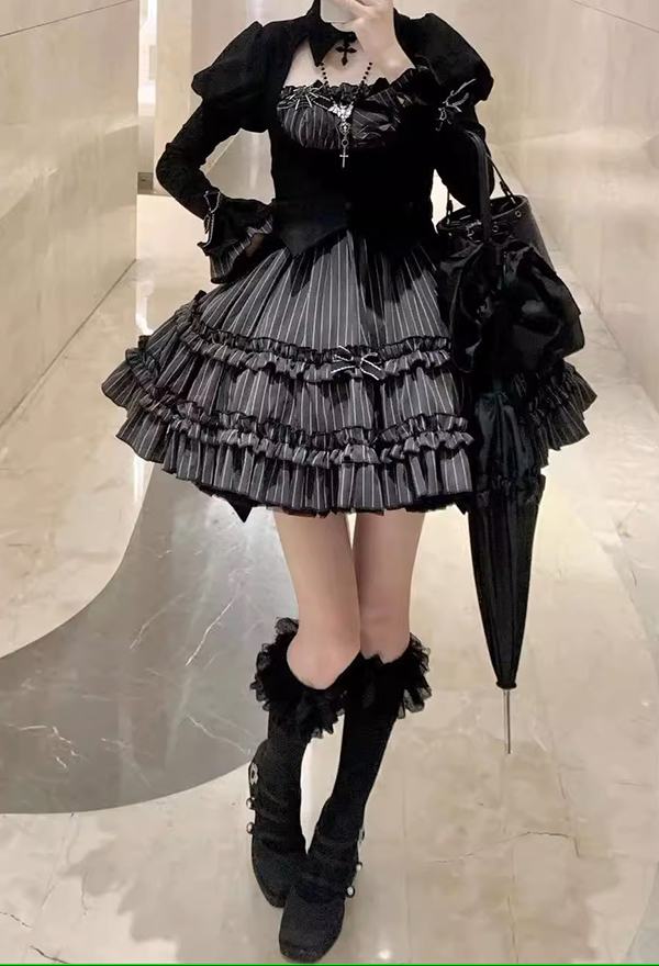 Gothic Black Striped Ruffle Lolita Dress Set Y2K Dark Style Puff Skirt with Long Sleeve Top