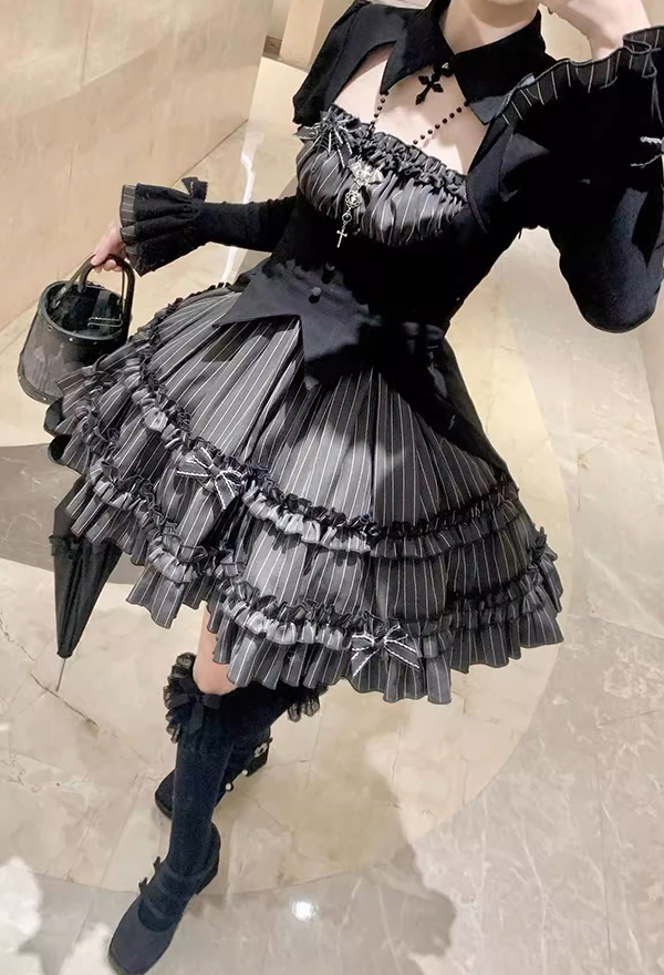 Gothic Black Striped Ruffle Lolita Dress Set Y2K Dark Style Puff Skirt with Long Sleeve Top