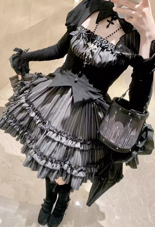 Gothic Black Striped Ruffle Lolita Dress Set Y2K Dark Style Puff Skirt with Long Sleeve Top