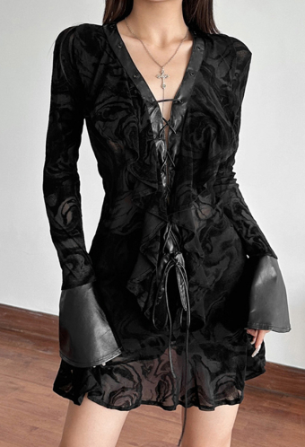 Gothic Black Deep V Cross Lace-up Translucent Long Sleeve Dress