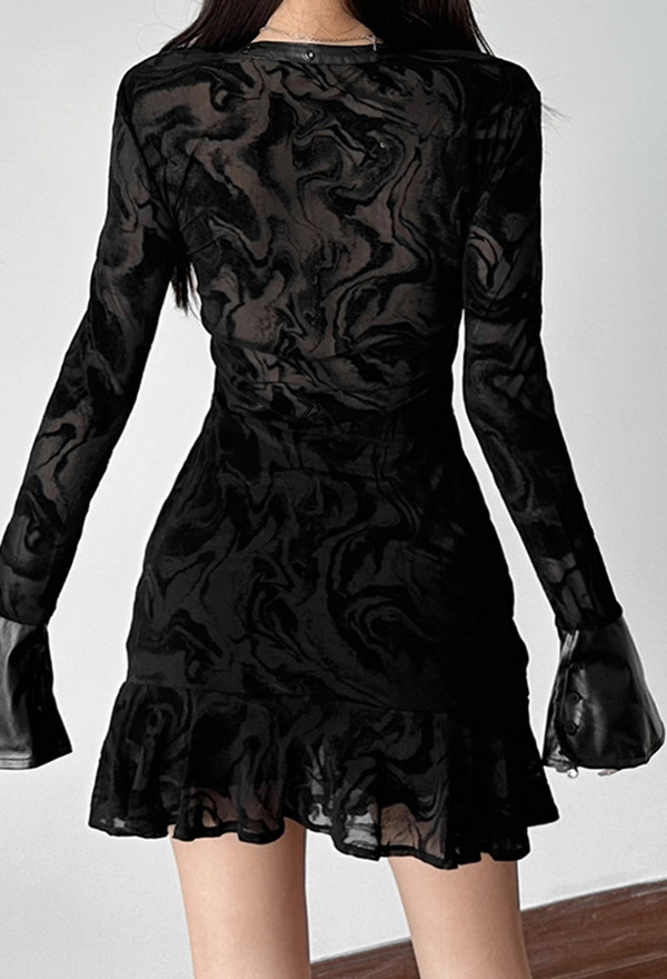 Gothic Black Deep V Cross Lace-up Translucent Long Sleeve Dress