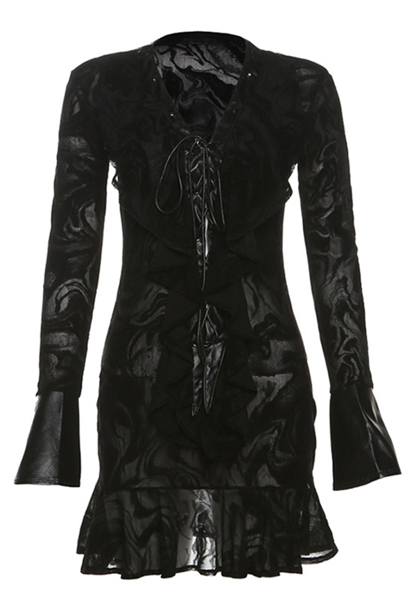 Gothic Black Deep V Cross Lace-up Translucent Long Sleeve Dress