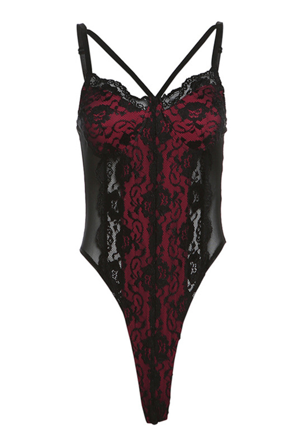 Gothic Red Sexy Lace Trim Sheer Mesh Spaghetti Straps Bodysuit