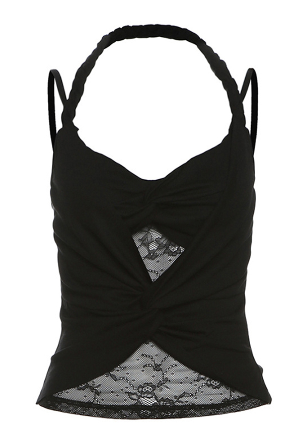 Gothic Vest Top Black V-Neck Lace Halter Tank Top