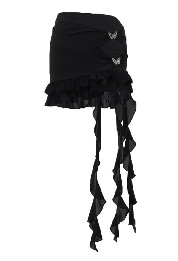 Gothic Black Irregular Butterfly Embellished Cutout Skirt Ribbon Ruffle Mini Skirt