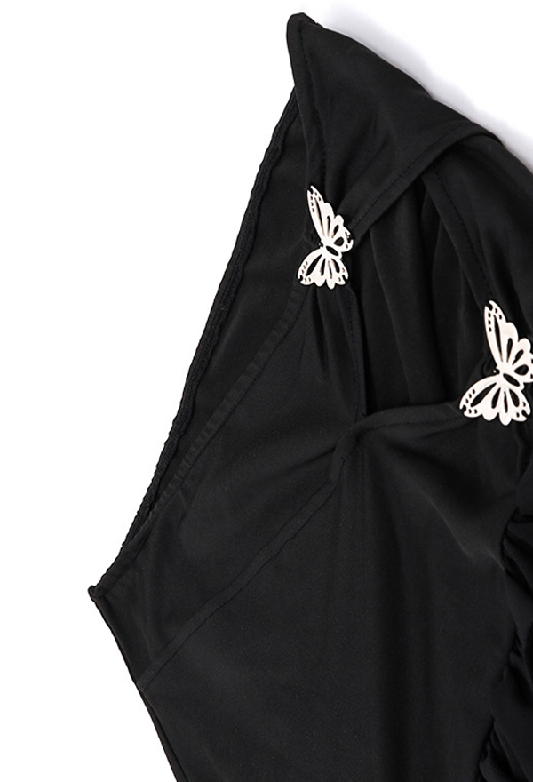 Gothic Black Irregular Butterfly Embellished Cutout Skirt Ribbon Ruffle Mini Skirt