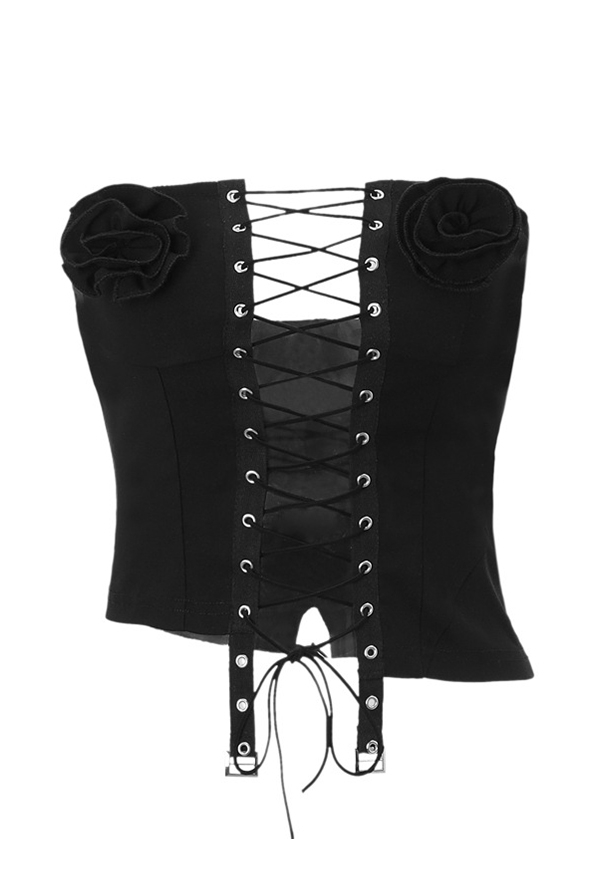 Gothic Black Irregular Cross Lace-up Floral Tube Top