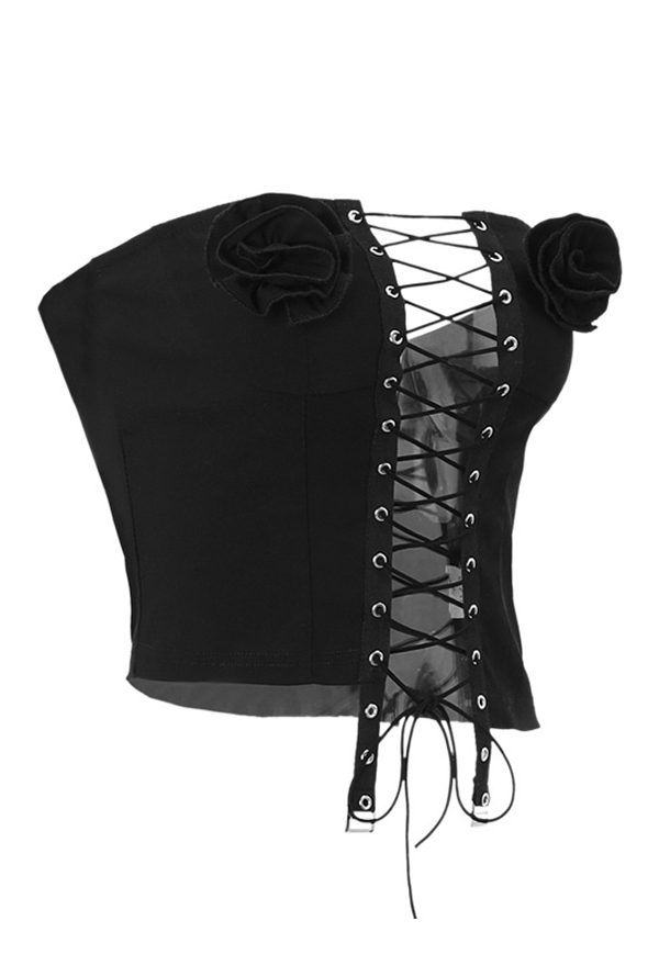 Gothic Black Irregular Cross Lace-up Floral Tube Top