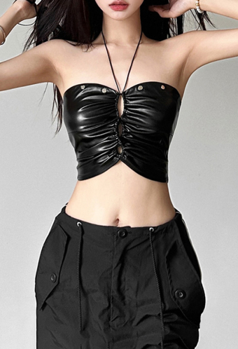 Gothic Black Crop Top Leather Halter Hollow Detachable Vest