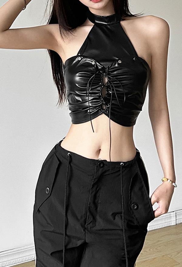 Gothic Black Crop Top Leather Halter Hollow Detachable Vest