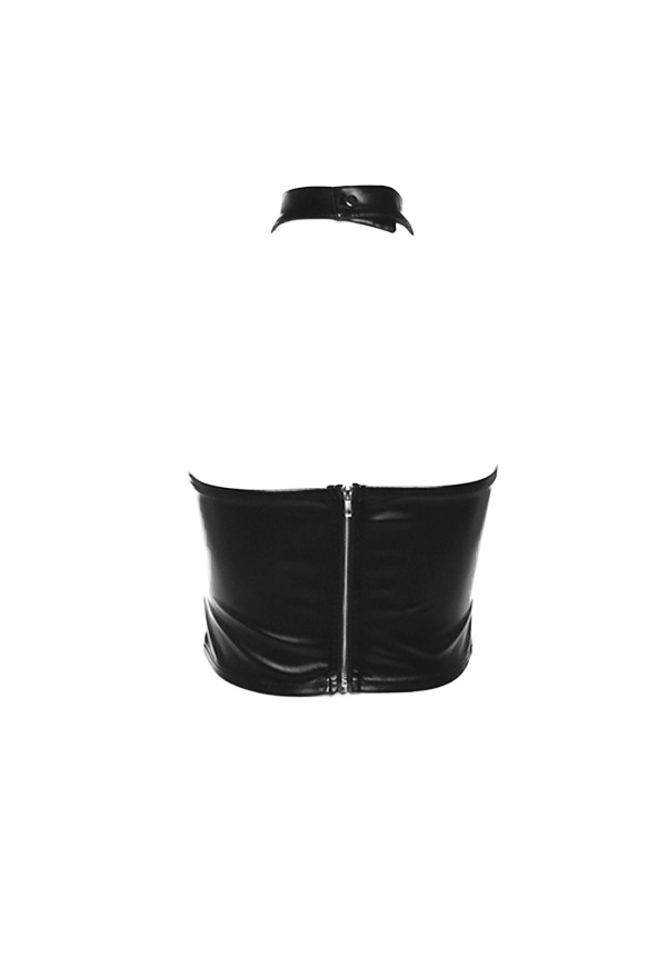 Gothic Black Crop Top Leather Halter Hollow Detachable Vest