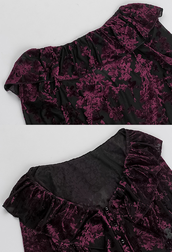 Gothic Black Red V Neck Blouse Ruffle Flared Sleeve Floral Slim Top