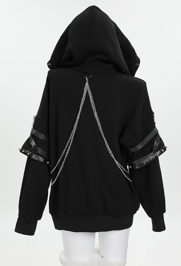 Dark Rebellion Gothic Dark Bat Wings Style Hoodie with Chains and Fuzzy Paws