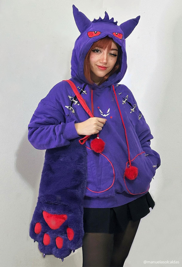 Dark Shade Gothic Paw Hoodie Purple Phantom Print Hoodie with Ears and Tail