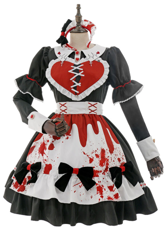 Bloody Maid Gothic Long Sleeves Bow Decorated Dress and Apron Halloween Costume