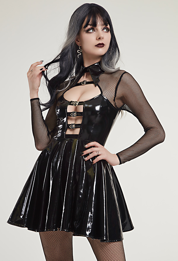 Gothic PU Dress – Halloween Costume | Black Witch Style Dress in Stock.