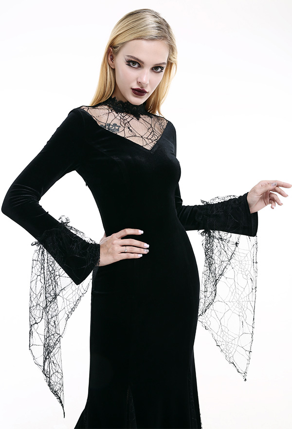 Gothic Drooping Lace Sleeve Dress – Gothic Dress Outfit | Black Velvet ...