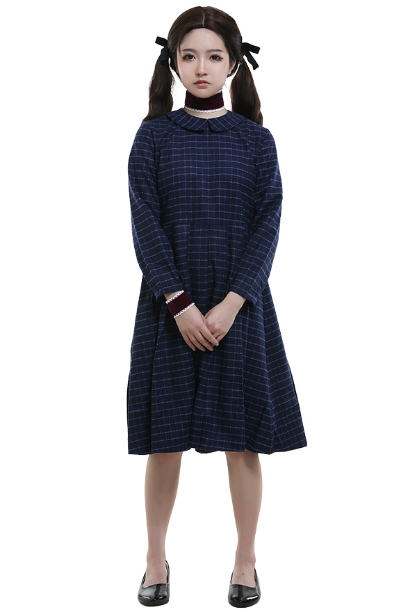 Gothic School Girl Dress Dark Blue Wool Knee-length Plaid Dress Halloween Costume with Necklace